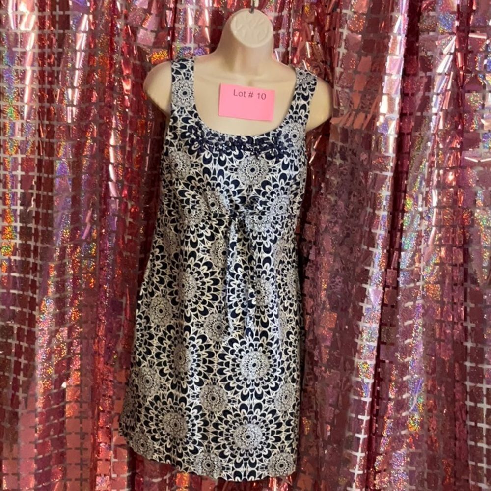 LOFT sleeveless dress in country blue & cream, belted waist, beaded neckline